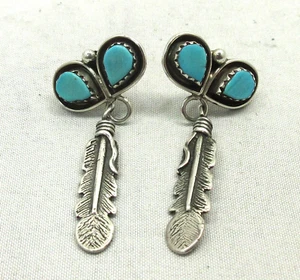 Feder Ohrringe Türkis Sterling Silber Pfosten Ohrstecker Südwest Stil #58 - Bild 1 von 5