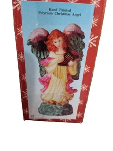 Vintage Hand Painted Polyresin Angel Playing Harp Christmas Figurine - Picture 1 of 12