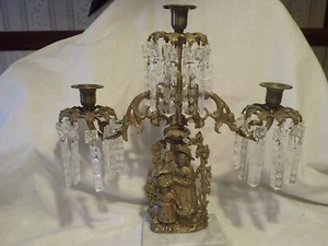 Girandole Candelabra Solid Brass Marble Base Crystals Triple Candle Holder - Picture 1 of 22