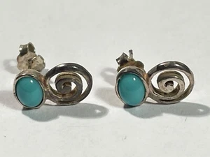 Bijoux Ancienne Paire de Boucles D'Oreilles avec Turquoise Argent (10-33/A0) - Picture 1 of 3