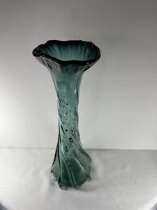 Vintage Art Glass MCM Teal Green Turquoise Twisted Tall Swung Vase 15.5” - Picture 1 of 14