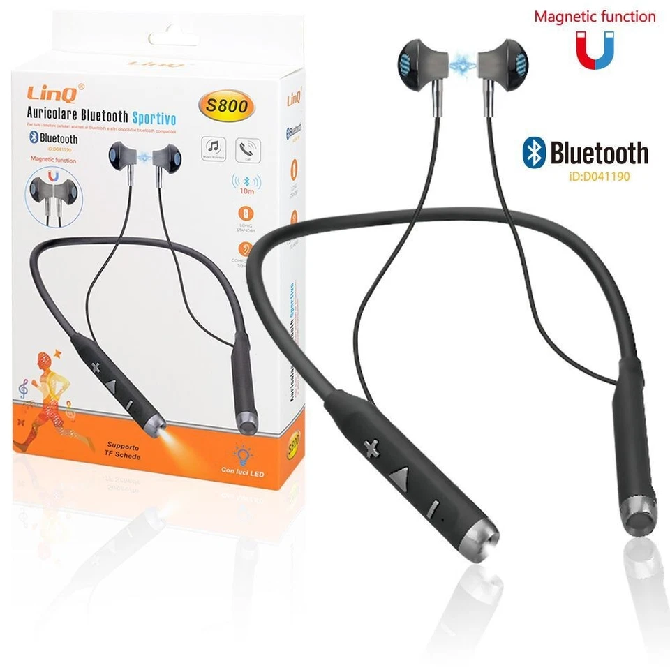 Auricolari Cuffie Bluetooth Al Collo Con Led Sport Smartphone S800 linq - Immagine 1 di 1