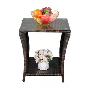 Rattan Tempered Glass Garden Side Table Weave Wicker Patio Furniture W/ Shelf - Picture 1 of 12