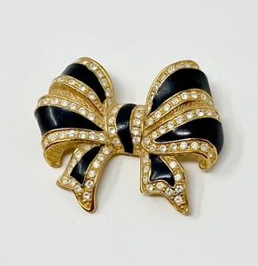 Vintage Estate Quality Brooch Rhinestone Enhanced Black Bow Enameled 2” - Picture 1 of 4