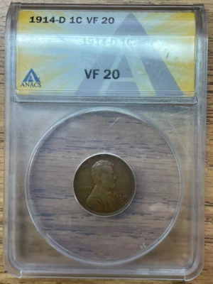 1914-D Wheat Cent in ANACS VF-20, Key Date, Low Mintage Coin, Tough Date Coin - Image 1 of 4