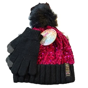 Justice Girls Sequin Beanie Hat with Pom and Gloves 3 Piece Set, Dark Pink/Black - Picture 1 of 2