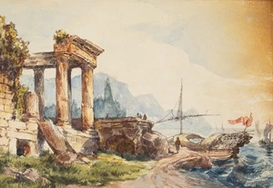 Südliche Küstenlandschaft, Aquarell Romantik Landschaft Unbekannt (19.Jhd) - Bild 1 von 5