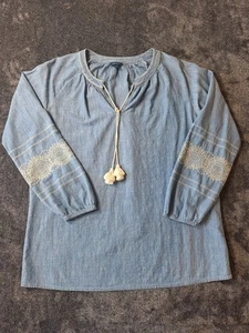 J. JILL Peasant Chambray Blouse Womens Small Blue Denim Embroidered Tassels - Picture 1 of 9