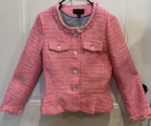 J Crew Jacket Women Pink Tweed Lady Boucle Coquette Classic Fringe Peplum Size 4 - Picture 1 of 21