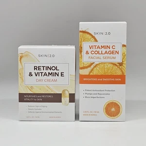 2 Piece Set SKIN 2.0 Korean Retinol & Vitamin E Day Cream + Vitamin C Serum - Picture 1 of 4