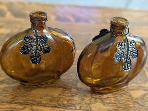 Two Small Amber Pumpkin shaped Bottles with metal leaves - Picture 1 of 9