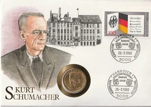 MDS NUMISBRIEF ALEMANIA 1990 KURT SCHUMACHER CON 2 DM 1980 D, CHAPADO EN ORO - Imagen 1 de 2