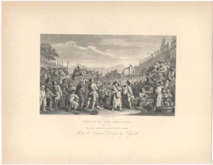 Grabado de acero antiguo estampado de sátira de Hogarth aprendiz inactivo ejecutado en Tyburn - Imagen 1 de 2