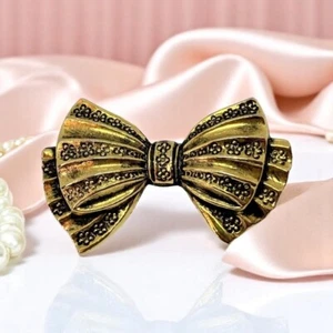 Late 1980s Antiqued Gold Tone Floral Bow Brooch A480 - Picture 1 of 4