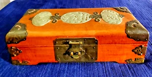 Chinese Jewelry Box w/Carved Jade Medallions Brass Fittings 10" SIGNED HOI FAC - Picture 1 of 14