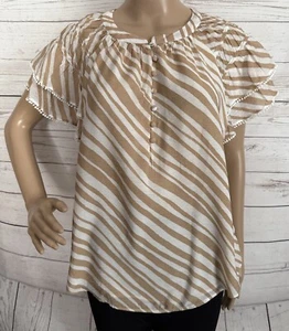 Ann Taylor Blouse Medium Tan White Zebra Striped Ruffle Tiered Sleeves Buttons - Picture 1 of 12