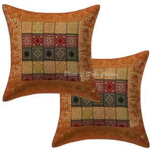 Boho Hippie Yoga Pillow Case Cushion Cover Orange Brocade Jacquard Bohemian - Picture 1 of 5