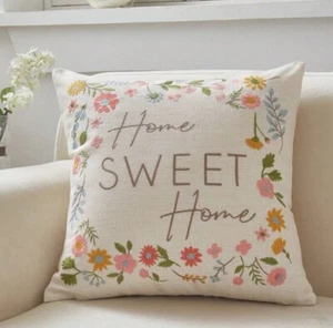 Cream / Beige Home Sweet Home Embroidered CUSHION COVER Spring Flowers - Picture 1 of 3