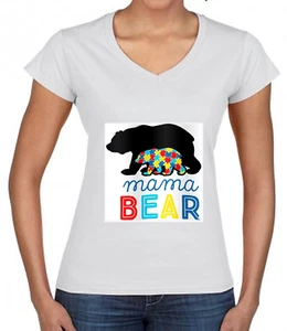 WORLD AUTISM AWARENESS DAY - Mama Bear Ladies Cotton T Shirt - Picture 1 of 10