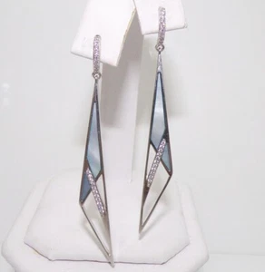 ELLE Sterling Silver Blue MOP & White Stone Modernist Dangle Earrings FZZ - Picture 1 of 2
