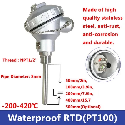 Temperature Sensor PT100 RTD Probe 200-420mm 1/2''Thread Terminal Head Stainless - Image 1 of 4