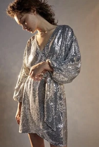 Anthropologie Lisabette Sequined Mini Dress Sz XS/p Cocktail Silver Oversized Ot - Picture 1 of 13