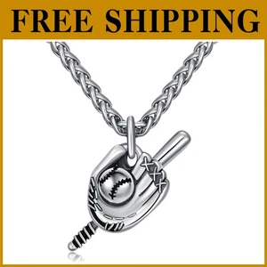 Baseball Bat & Glove Pendant - Sterling Silver Necklace - Picture 1 of 8