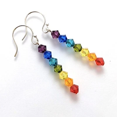 Rainbow Chakra Earrings Made with Swarovski Small 4mm Crystals Beads Silver Tone - image 1 of 4