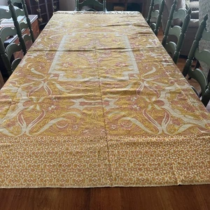 Vtg 1940 Tapestry Hand Woven Shades Of Gold 94” By 75” Bedspread Fringe Floral - Picture 1 of 19