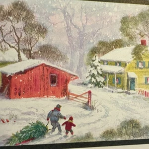 Tarjeta de Navidad De Colección Mcm Personas Rojo Granero Amarillo Casa Corte Pino - Imagen 1 de 4