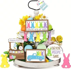 12 Pcs Easter Tiered Tray Decor Set Bunny Wood Sign Rustic - Picture 1 of 3