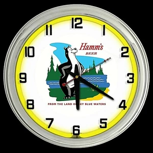 16" Hamm's Beer Land Of Sky Blue Water Sign Yellow Neon Clock ManCave Garage Bar - Picture 1 of 2
