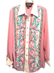 Bob Mackie Wearable Art Size Large Silk Floral French Cuff Preppy Party Blouse - Picture 1 of 7