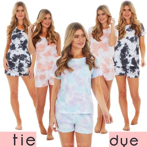TIE DYE Ladies Pyjamas Vest and Shorts Pyjama Set for Her 100% Cotton Summer NEW - Picture 1 of 21