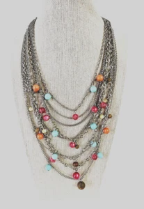 9 MultiStrand Bib Silver Toned Fashion Necklace Multicolor Beaded 16 inch - Picture 1 of 6