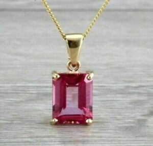 2Ct Emerald Simulated Pink Sapphire Solitaire Pendant W/18" 14k Yellow Gold Over