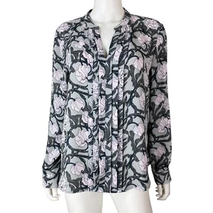 Banana Republic Pleated Blouse Top Large Petite Gray Pink Floral Long Sleeve - Picture 1 of 8