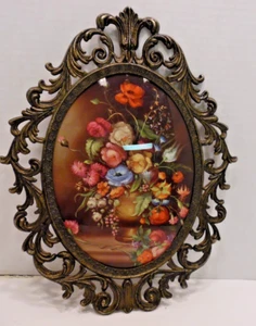 De Colección Italiano Ovalado Marco Ornado/Floral Convexo Burbuja Vidrio 13" X 10' - Imagen 1 de 5