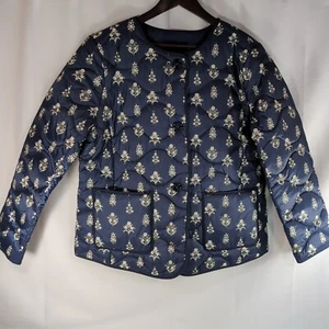 Talbots Puffer Jacket Floral Navy Blue White Button Collarless L Large VN5616 - Picture 1 of 13