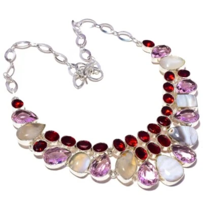 Collar llamativo hecho a mano de ágata de encaje, cuarzo rosa, piedras preciosas de apatita roja mexicana Foto 1 de 4