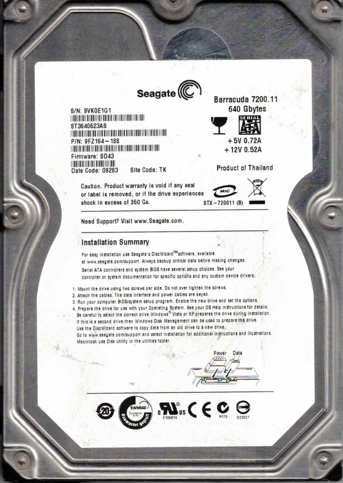 ST3640623AS,   9FZ164-188,  SD43,  TK, SEAGATE SATA 640GB  9VK0 - Image 1 of 1