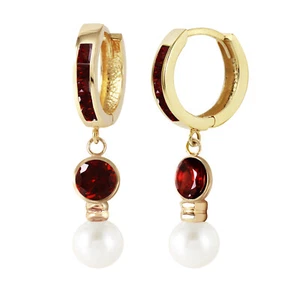 4.3 CTW 14K Solid Gold Huggie Earrings pearl Garnet - Picture 1 of 3