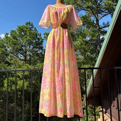 Maxi Vestido Vintage Años 60 Deadstock Transparente Día-Glo Floral Ropa de Salón OSFM Foto 1 de 4