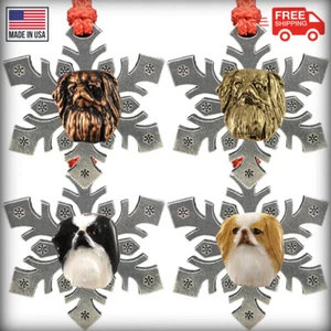 Pewter Dog Japanese Chin Snowflake Christmas Tree Ornaments, Made in the USA - Picture 1 of 6