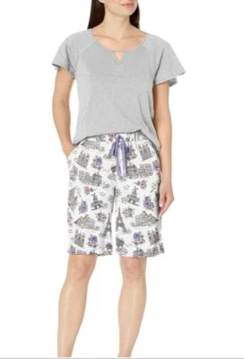  KAREN NEUBURGER GRIS BLANCO PARÍS 2 PIEZAS TOP BERMUDAS SHORTS PIJAMA CONJUNTO BOLSILLO P/L Foto 1 de 4