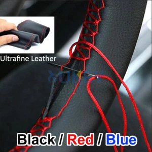 15" DIY genuine UFL Leather Car Steering Wheel Cover Needle Thread Anti-slip NEW - Foto 1 di 12