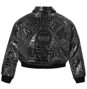 Women's Avirex Black Icon Flying Bomber Jacket Croc Cropped Leather Jacket - Picture 1 of 6