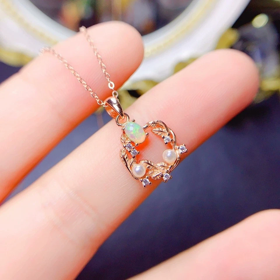 Elegant Leaf Design Natural Fire Opal Necklace 925 Sterling Silver Pendant - Image 1 of 4