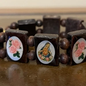 Pulsera cuadrada de madera vintage Virgen María y flores - Imagen 1 de 7