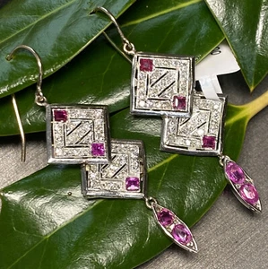 Art Deco Ruby Diamond Platinum 14K White Gold Dangle Earrings Geometric Pierced - Picture 1 of 24